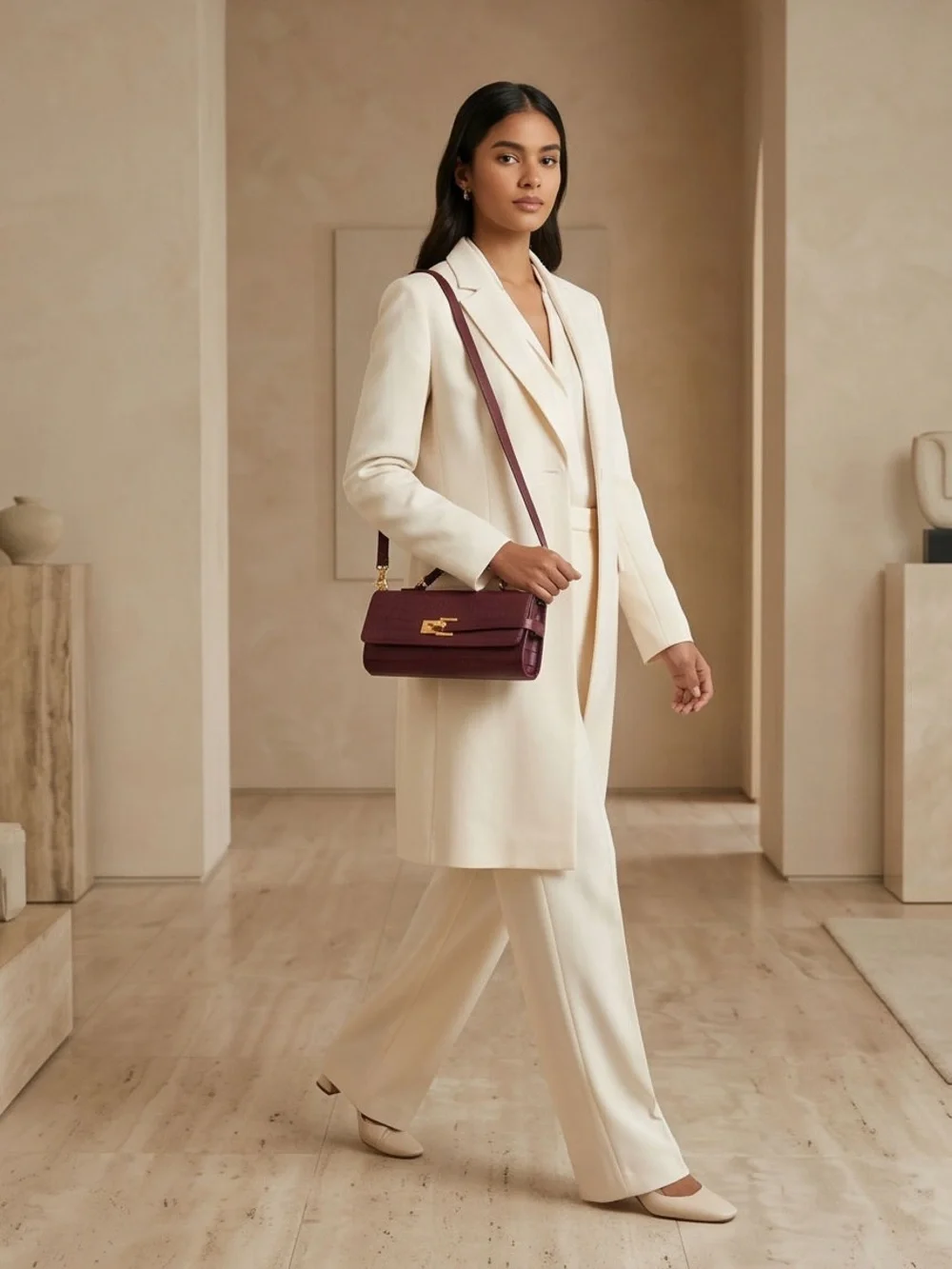 Structured Top-Handle Croc-Embossed Bag in Burgundy